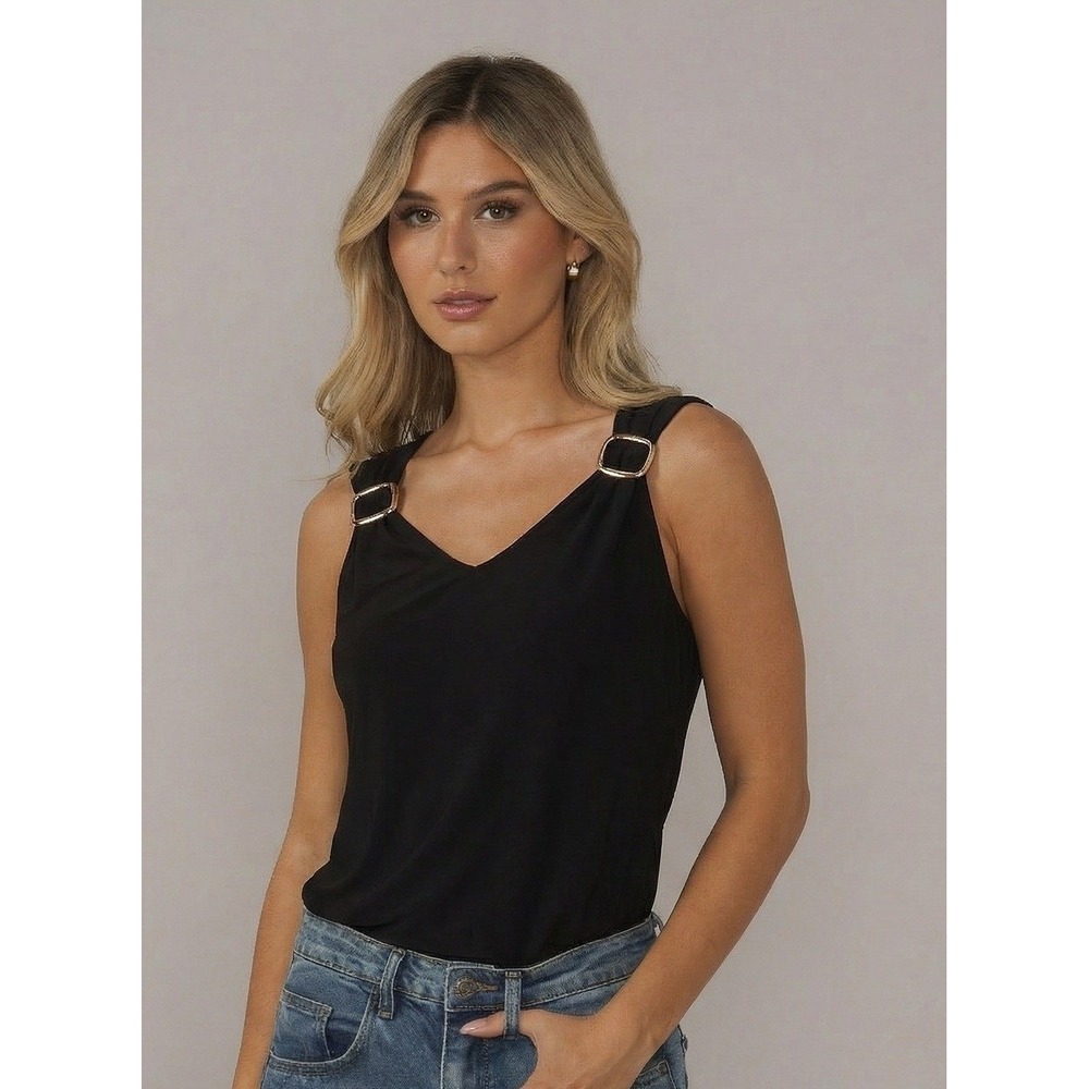 Tahari T Black Sleeveless V-Neck‎ Top Gold Buckle Accent Size M Excellent